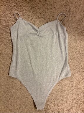 American Eagle Outfitters Heather Gray Ribbed V-Neck Spaghetti Strap Bodysuit